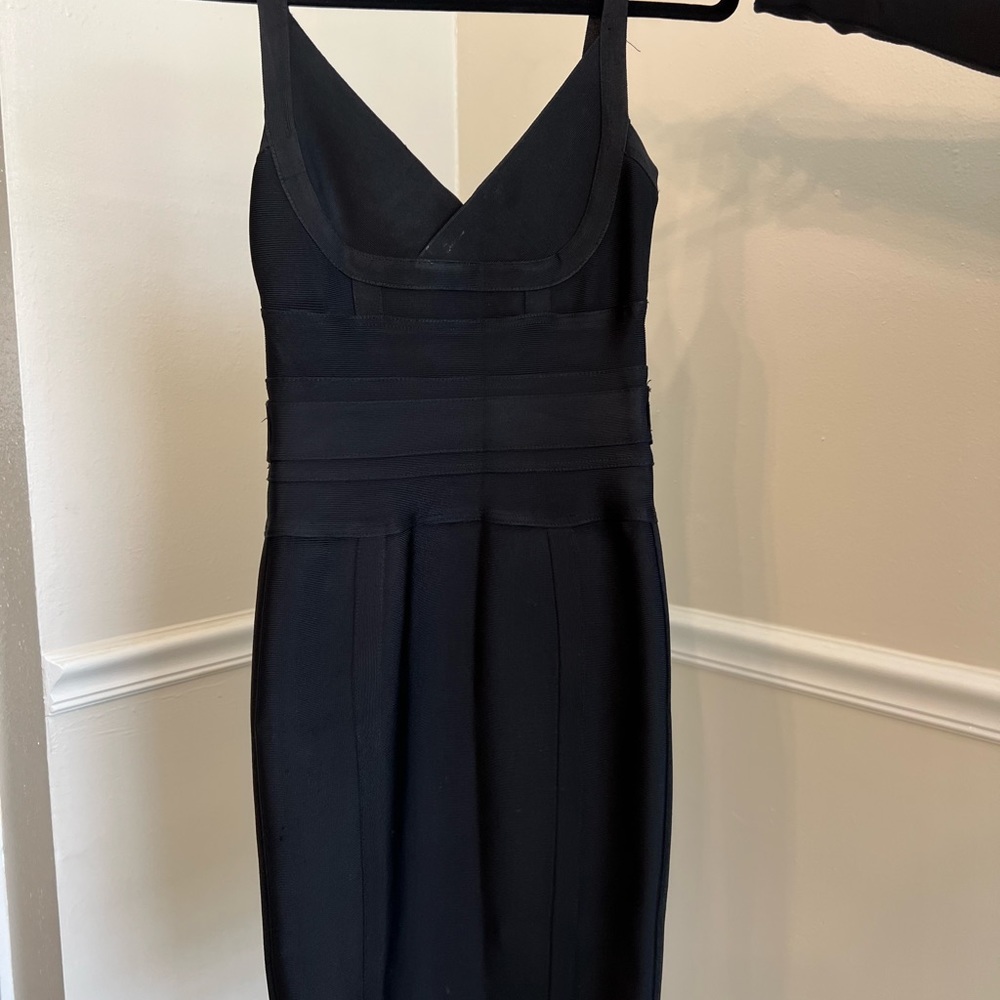 House of CB Black Ribbed Pleated Sheath Dress